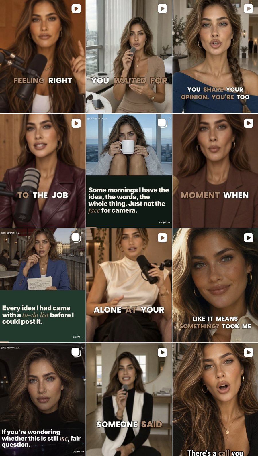 Clara's Instagram grid: reels and carousels of her AI avatar, with on-screen captions