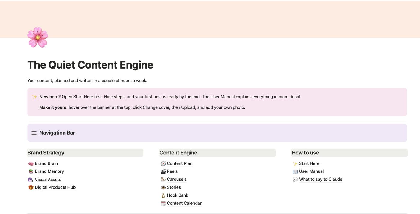 The Quiet Content Engine home page in Notion, with Brand Strategy, Content Engine and How to use sections