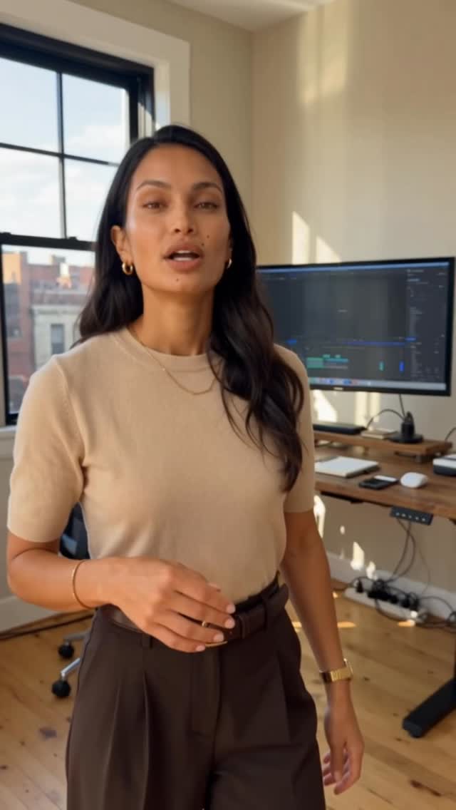 Solène, an AI avatar, talking to camera in a home office, from one of her reels