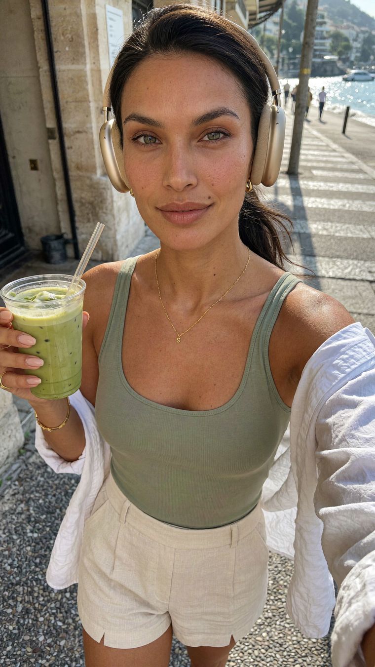 Solène walking by the sea with a matcha