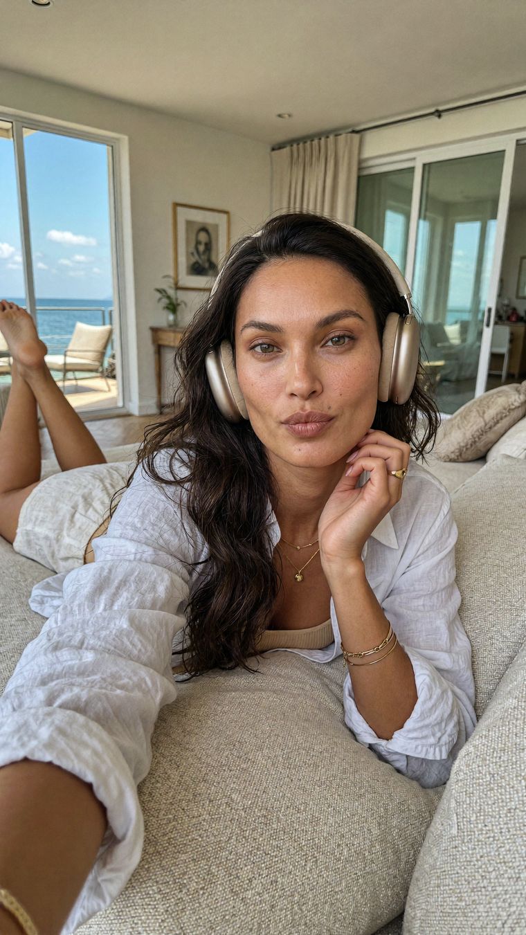 Solène lying on a sofa with headphones on